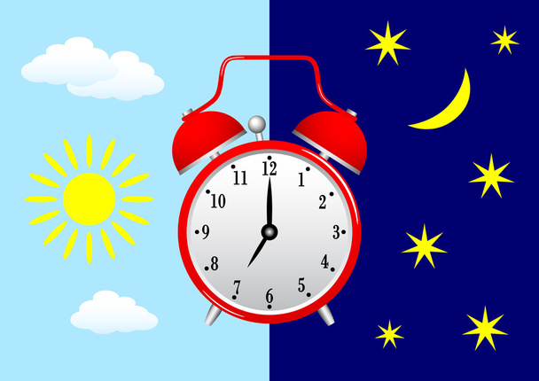 Красный будильник на голубом небе
 - Вектор,изображение