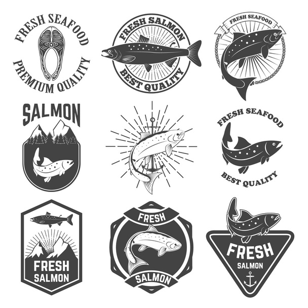 Set of the fresh salmon labels, emblems and design elements. - ベクター画像