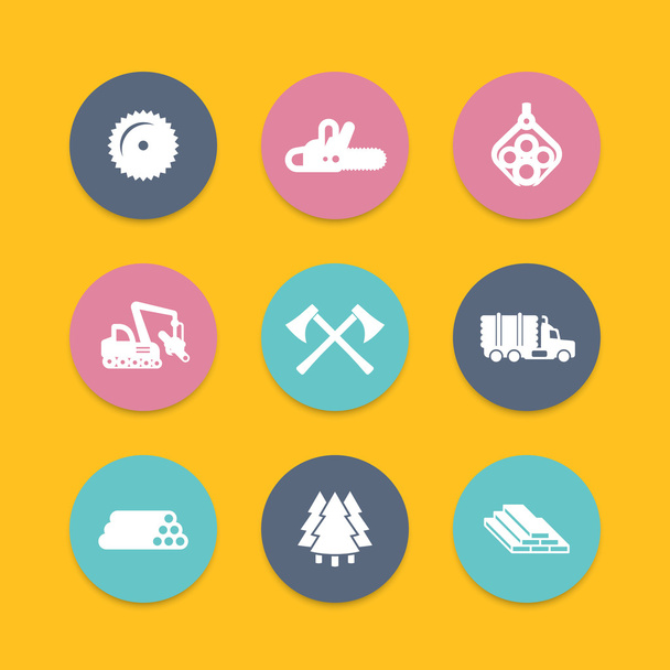 Logging, forestry equipment icons, tree harvester, timber, logging truck, lorry, lumber, logging vehicle round icons, vector illustration - Vettoriali, immagini
