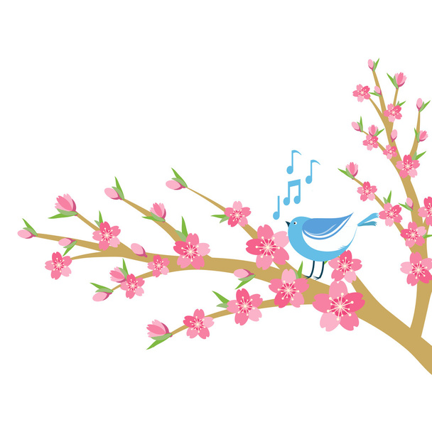 Ανθισμένες κερασιές υποκατάστημα με νότες πουλί και μουσική. - Διάνυσμα, εικόνα