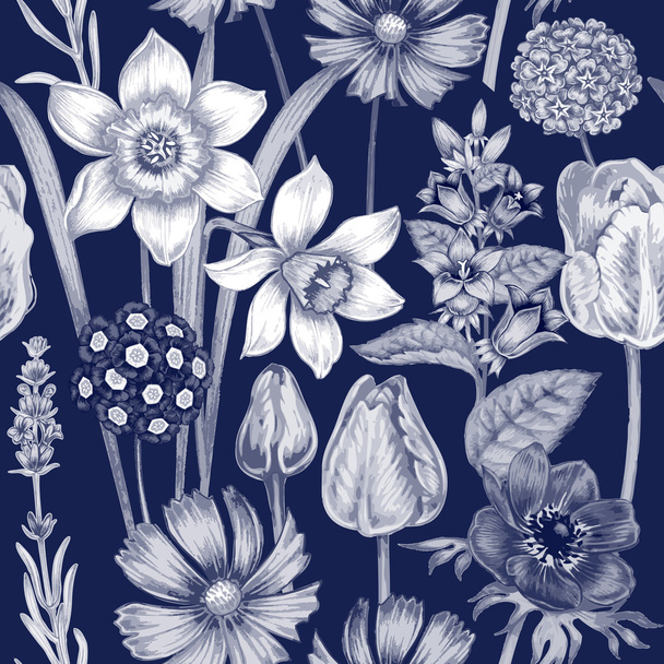 Flower seamless pattern with garden flowers. - Vector, afbeelding