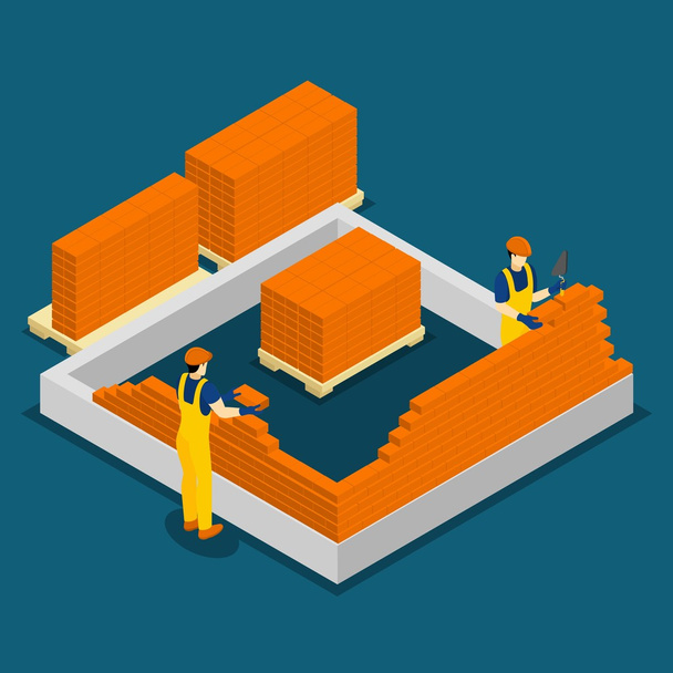 Building Construction Workers Isometric Banner - Vector, Image