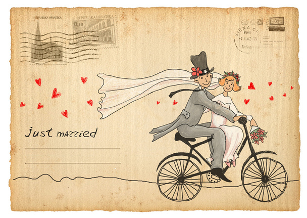 Vintage bruiloft wenskaart. Bruid en bruidegom op een fiets - Foto, afbeelding