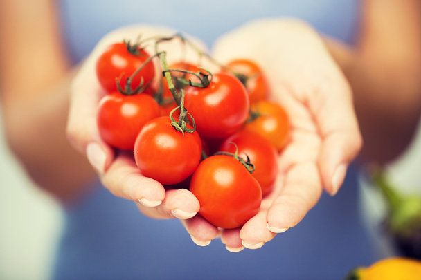 close up of woman holding cherry tomatoes in hands - Fotografie, Obrázek