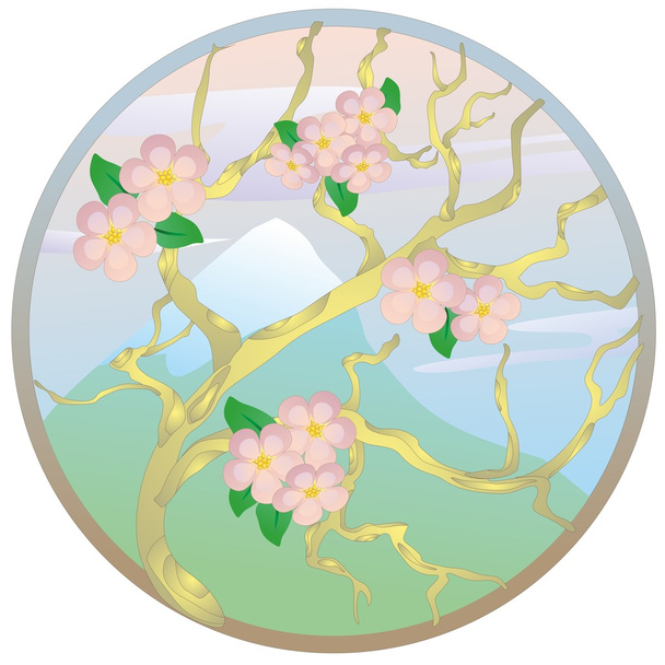 "Oriental cherry against mountain" - Vector, imagen