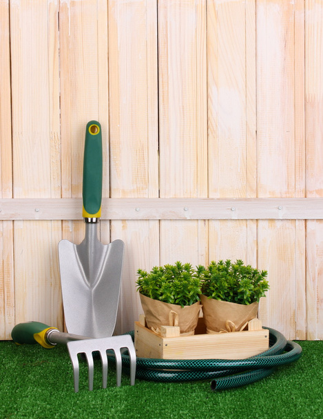 Gardening tools on wooden background - Fotoğraf, Görsel