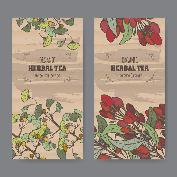 Two color vintage labels for gingko and goji berry tea. - Vettoriali, immagini