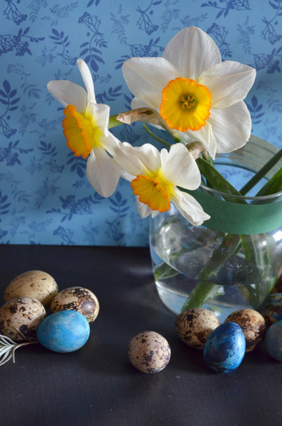 Daffodils and Easter quail eggs - Photo, Image