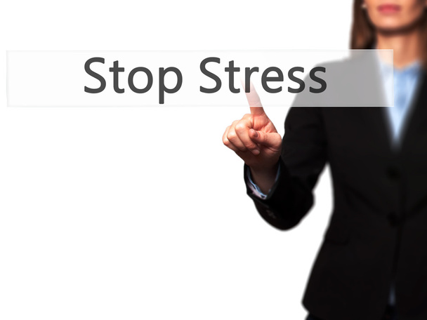 Stop Stress - Empresaria pulsando el botón de mano en la pantalla táctil
 - Foto, imagen