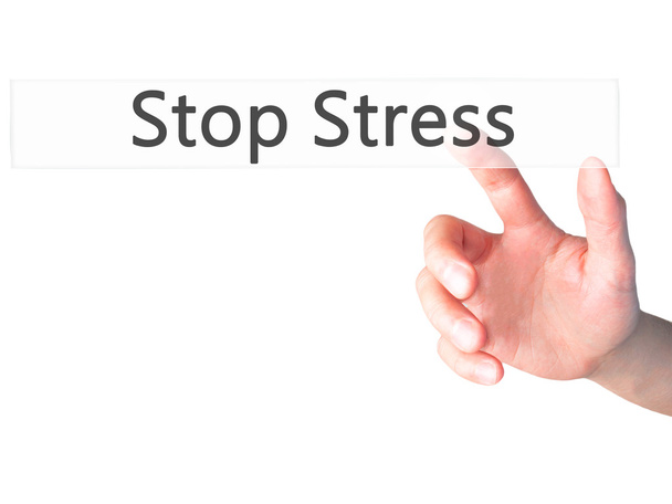 Stres - arka plan bulanık conce üzerinde bir düğmeye basarak el durdurmak - Fotoğraf, Görsel