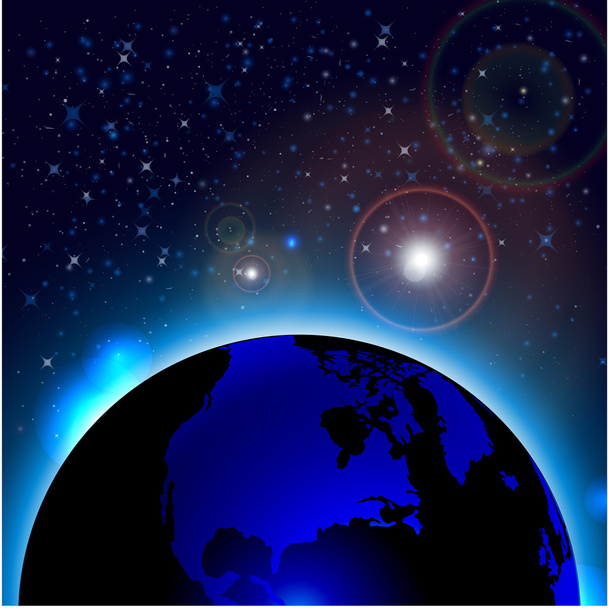 Planeta Tierra con salida del sol en el espacio. Mapa del mundo con globos editables detallados. Fondo de espacio vectorial
 - Vector, imagen