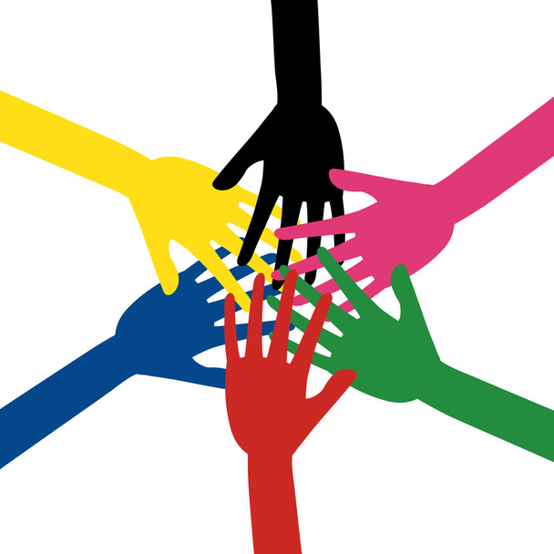 mains humaines colorées touchant ensemble sur fond blanc
.  - Vecteur, image