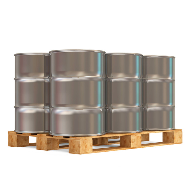 Metal Barrels on Wooden Palette isolated on white background - Foto, immagini