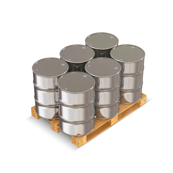 Metal Barrels on Wooden Palette isolated on white background - Foto, Bild