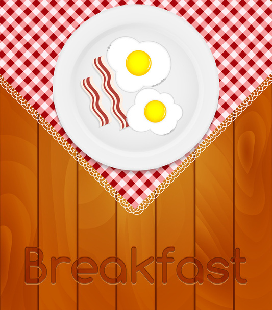 Assiette blanche avec oeufs frits sur serviette de cuisine aux planches en bois B
 - Vecteur, image