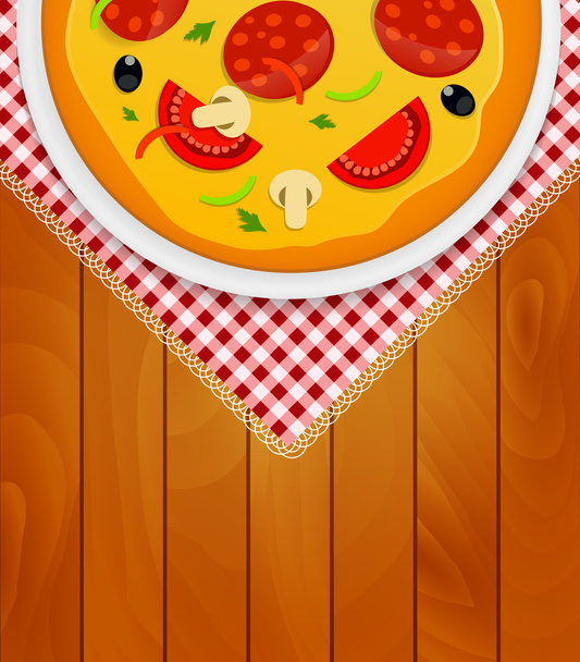 Pizza in White Plate on Kitchen Napkin at Wooden Boards Backgrou - Vector, Image