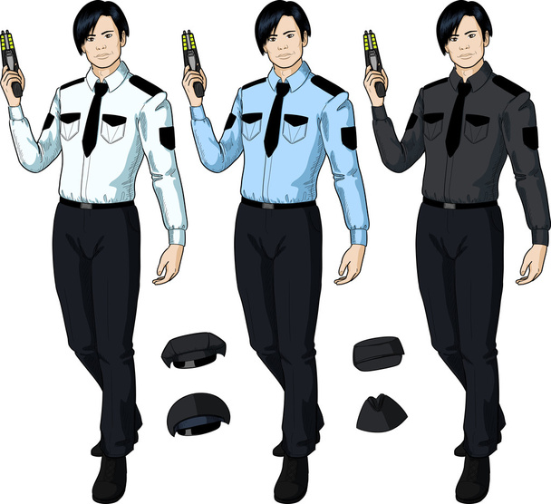 Азиатский офицер полиции держит электрошокер
 - Вектор,изображение