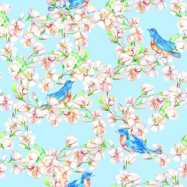 Cherry, apple, flowers, bird. Watercolor seamless pattern. - Foto, Imagen