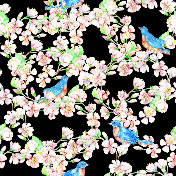 Cherry, apple, flowers, bird. Watercolor seamless pattern. - Fotó, kép