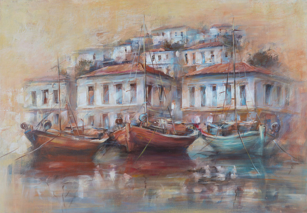 Boats on the island harbor,handmade painting - Photo, Image