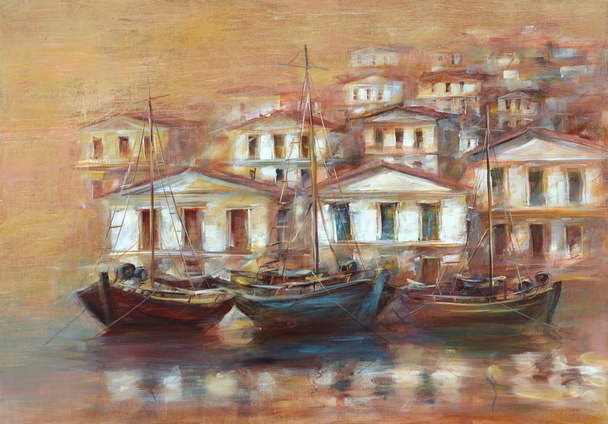 Boten op het eiland harbor, handgemaakte schilderij - Foto, afbeelding