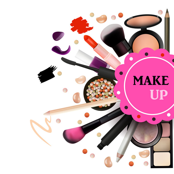 Make Up Artist Objects. lipstick, eye shadows, eyeliner, concealer, nail polish, brushes,pencils, palettes, powder. Vector Emblem. Realistic Vector Design. - ベクター画像