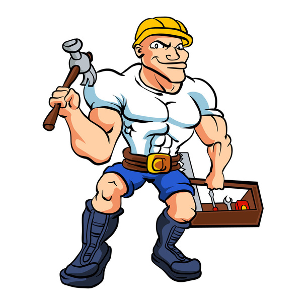 strong handyman a holding  tool box - Vector, Image
