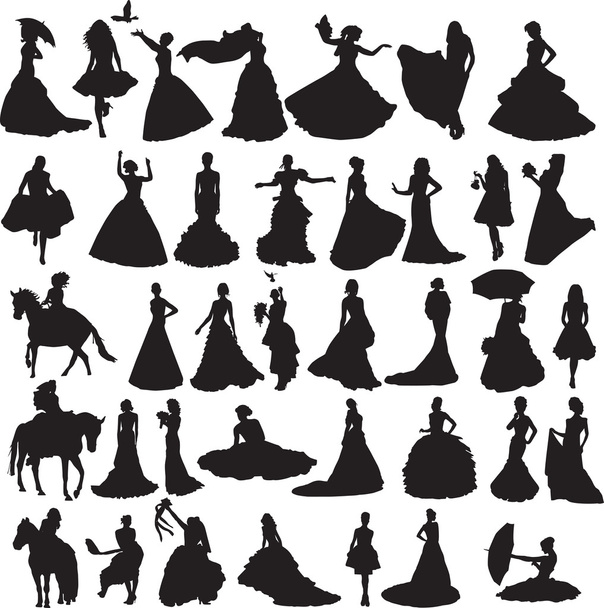 さまざまな状況やドレスの花嫁の多くのシルエット - ベクター画像