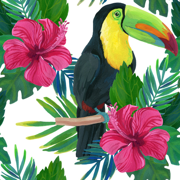 toucan, hibiscus, watercolor - Photo, Image