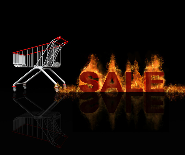 Быстрая движущаяся тележка, оставляющая горящий след огня с колес с горячим названием продажи, эффектом пламени и отражением
 - Фото, изображение