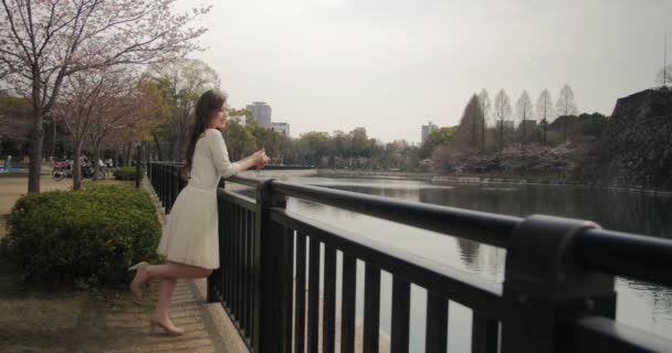 Atractiva chica japonesa con vestido blanco sakura viendo sonrisas en la cámara de amplio tiro deslizante 4K
.  - Metraje, vídeo