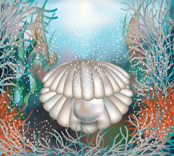 Underwater card shell with a pearl vector illustration - Вектор,изображение