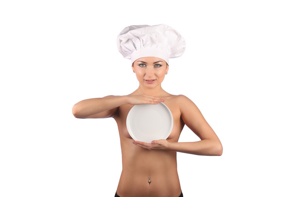 Naked restaurant chef with plate for a menu - Фото, изображение