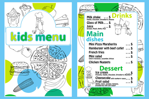 Cute colorful kids meal menu vector template with funny cartoon kitchen boy. Different types of dishes on a hand drawn grocery background - Vektori, kuva