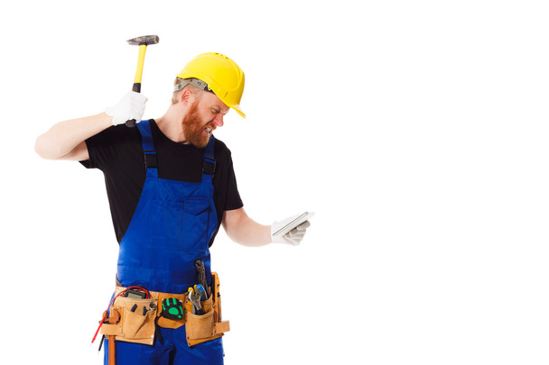Man builder with set of construction tools, isolated - Photo, Image