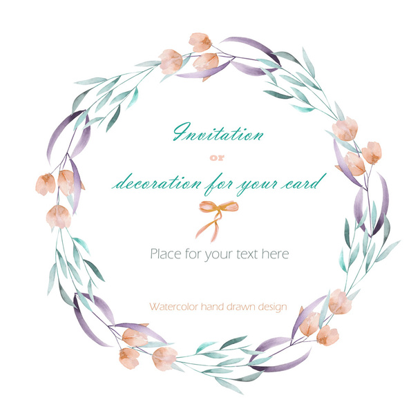 Frame border, wreath of  the tender pink flowers and green branches hand drawn in awatercolor on a white background, greeting card, decoration postcard or invitation - Φωτογραφία, εικόνα