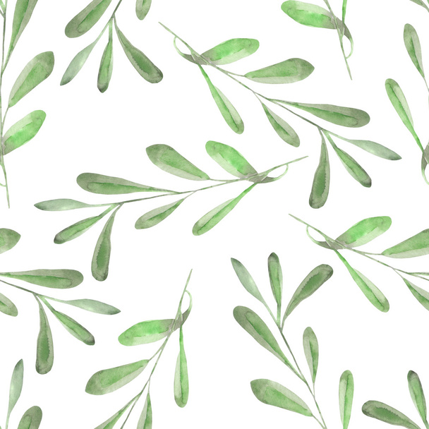 Seamless floral pattern with the watercolor green leaves on the branches - Fotoğraf, Görsel