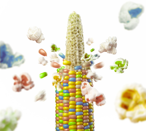 kleur maïskolf ontploft en produceert popcorn - Foto, afbeelding