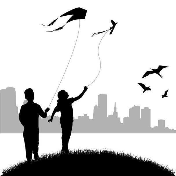 niños volando cometa
 - Vector, imagen