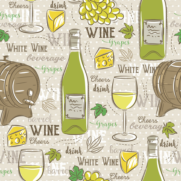 Beige seamless patterns with white wine set, cask, glass, grapes - Vecteur, image