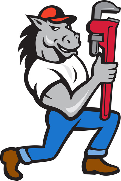 Horse Plumber Kneeling Monkey Wrench Cartoon - Vector, Image