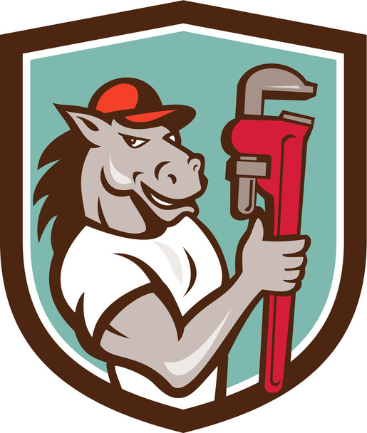 Horse Plumber  Monkey Wrench Crest Cartoon - Vector, Image