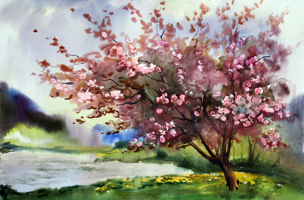 Pittura ad acquerello paesaggio con albero primaverile fiorito con fiori
. - Foto, immagini