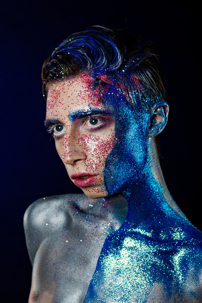 Crazy young androgyne man with face art. SPACEMAN. Freak person. - Photo, Image