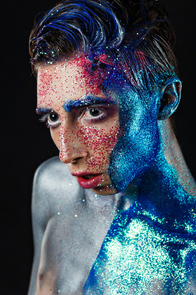 Crazy young androgyne man with face art. SPACEMAN. Freak person. - Foto, Imagem