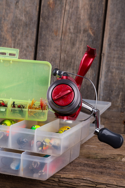 fishing tackles and fishing baits in box - Photo, Image