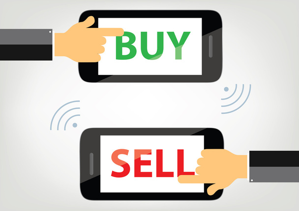 αγορά και πώληση έννοια εικονογράφηση - χέρια στα κινητά τηλέφωνα - Διάνυσμα, εικόνα