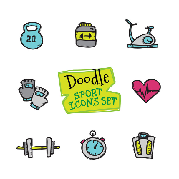 Vektor doodle stíluskészlet vonal ikonok sport. Aranyos kézzel rajzolt sport objektumok gyűjteménye - Vektor, kép