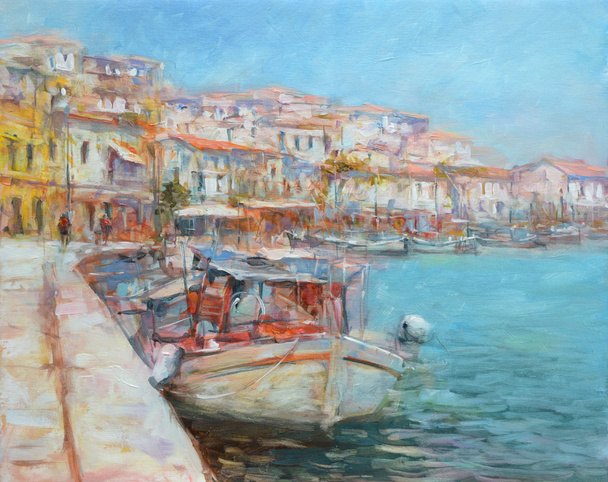 Csónakok a sziget kikötőtől, kézzel készített festménye - Fotó, kép