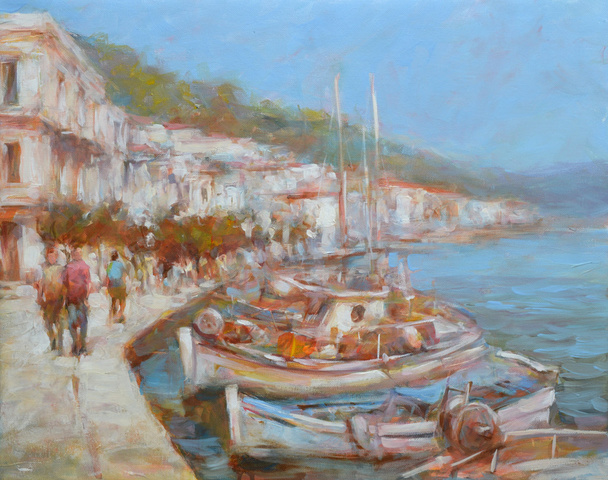 Csónakok a sziget kikötőtől, kézzel készített festménye - Fotó, kép